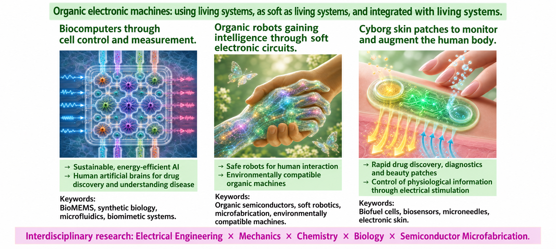 Research overview — Biocomputing & neural engineering / Organic soft robotics / Biomedical engineering