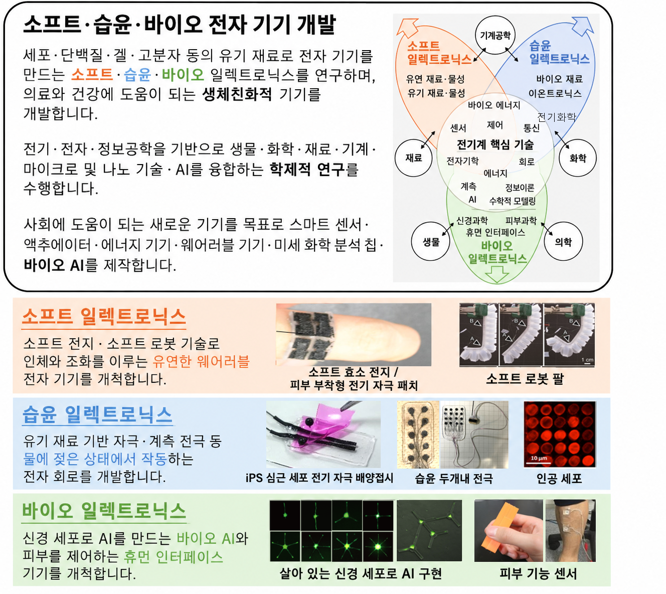 소프트·습윤·바이오 일렉트로닉스 연구 분야와 원본 실험 사진