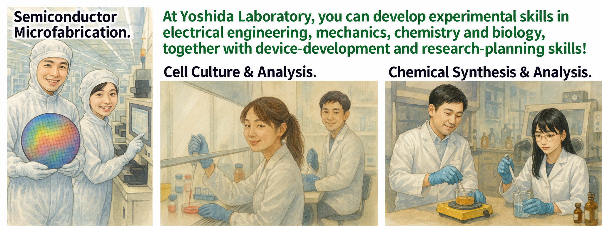 Skills in semiconductor microfabrication, cell culture and analysis, and chemical synthesis and analysis