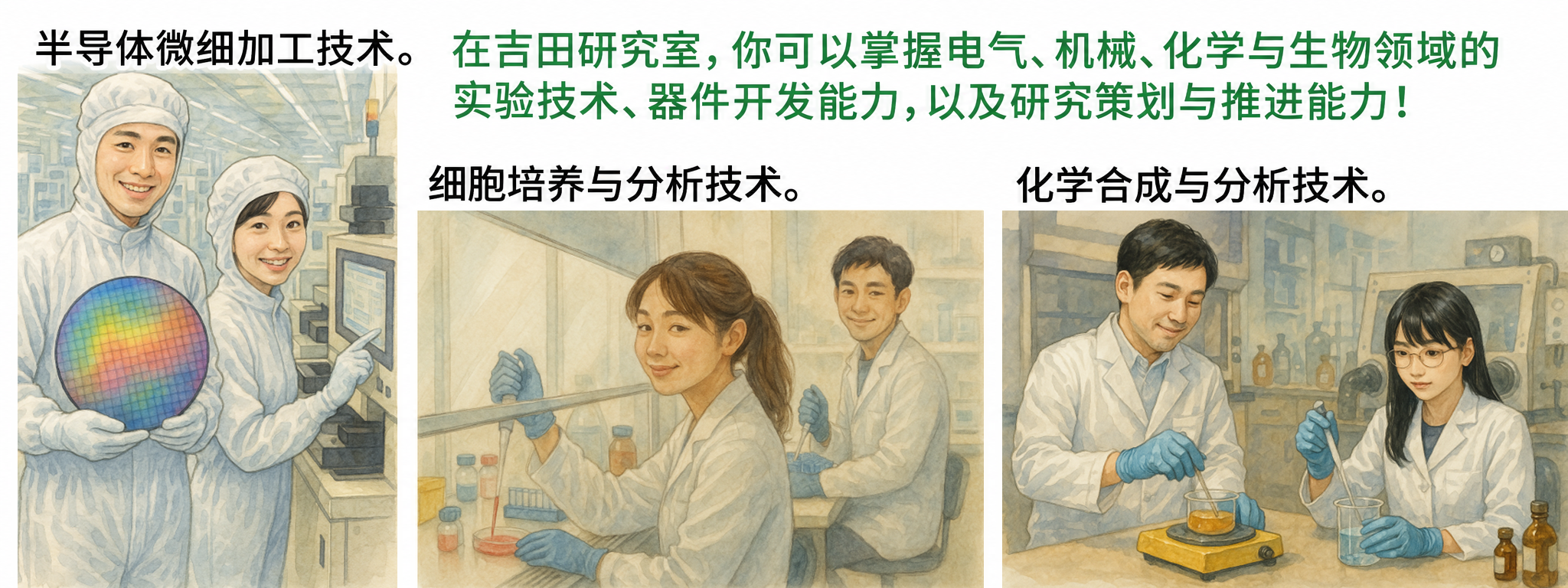 在吉田研究室学习半导体微细加工、细胞培养分析与化学合成分析
