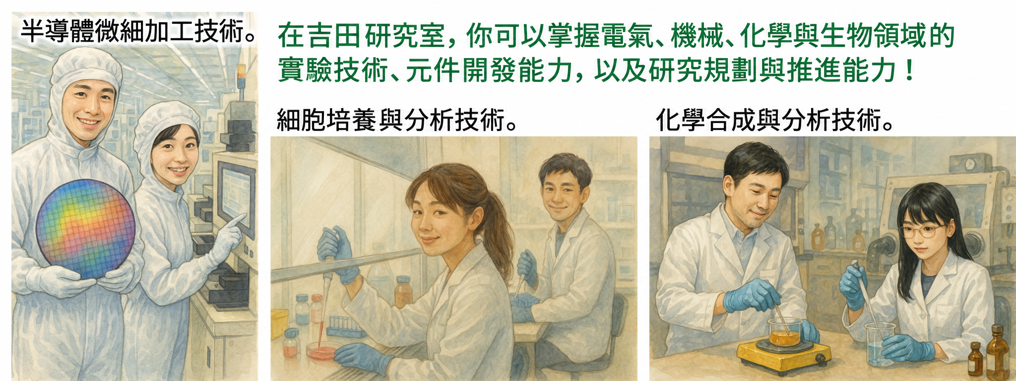 在吉田研究室學習半導體微細加工、細胞培養分析與化學合成分析